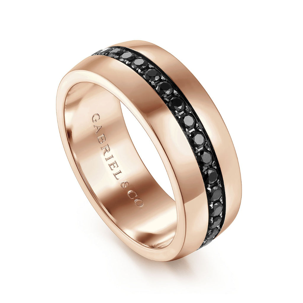 Xavier - 14K Rose Gold Black Diamond Mens Wedding Band in High Polished Finish
