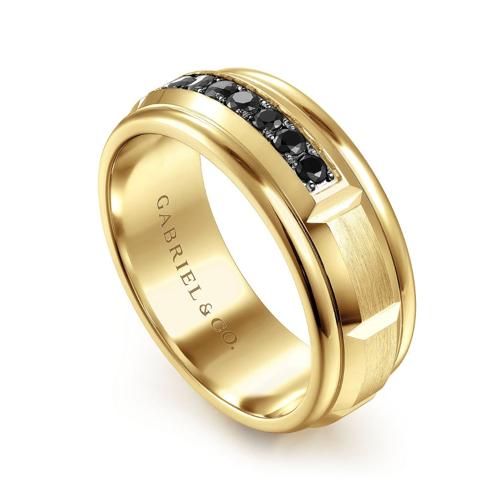 Everett - 14K Yellow Gold Black Diamond Men's Wedding Ring in Satin Finish