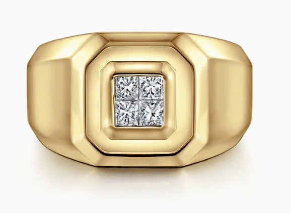 14K Yellow Gold Signet Ring with Princess Cut Diamonds