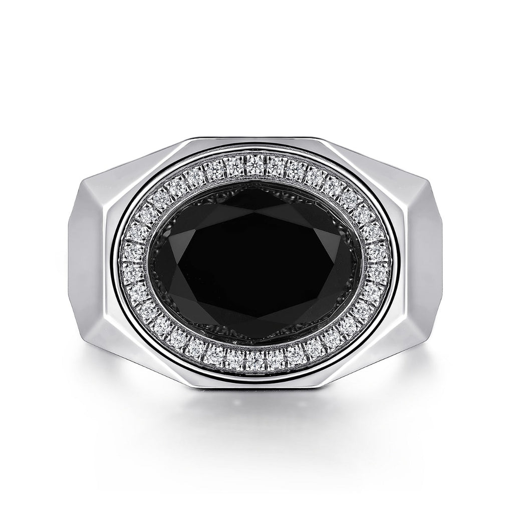 Wide Sterling Silver Ring with Faceted Onyx Stone in Sand Blast Finish