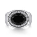 Wide Sterling Silver Ring with Faceted Onyx Stone in Sand Blast Finish