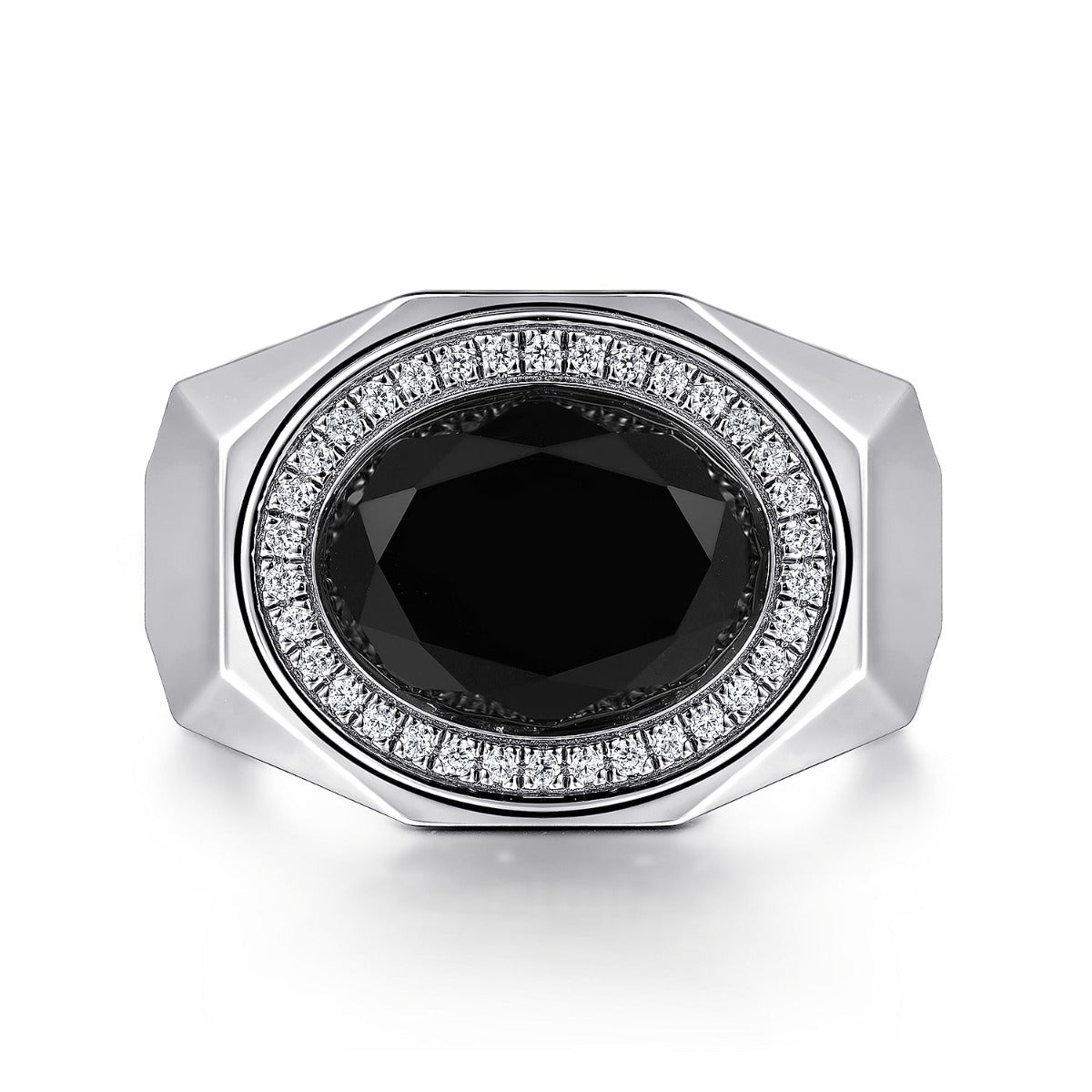 Wide Sterling Silver Ring with Faceted Onyx Stone in Sand Blast Finish