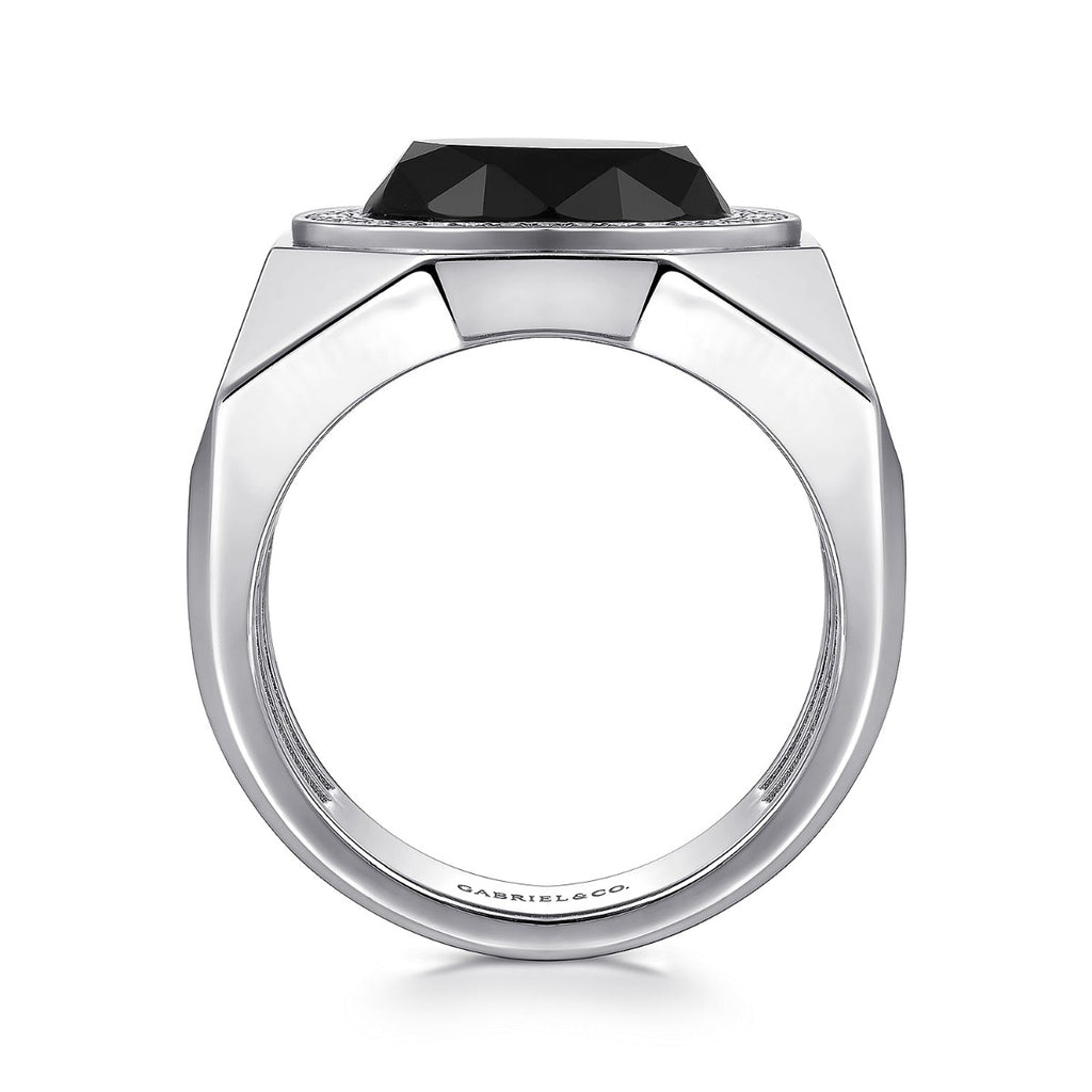 Wide Sterling Silver Ring with Faceted Onyx Stone in Sand Blast Finish