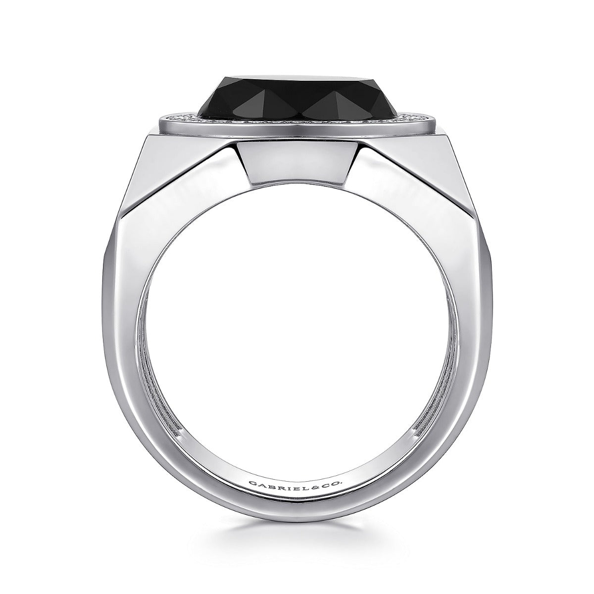 Wide Sterling Silver Ring with Faceted Onyx Stone in Sand Blast Finish