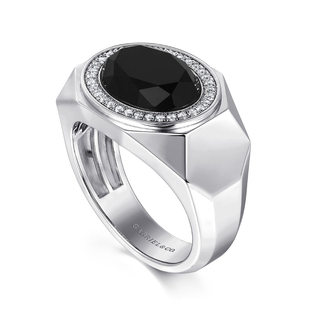 Wide Sterling Silver Ring with Faceted Onyx Stone in Sand Blast Finish