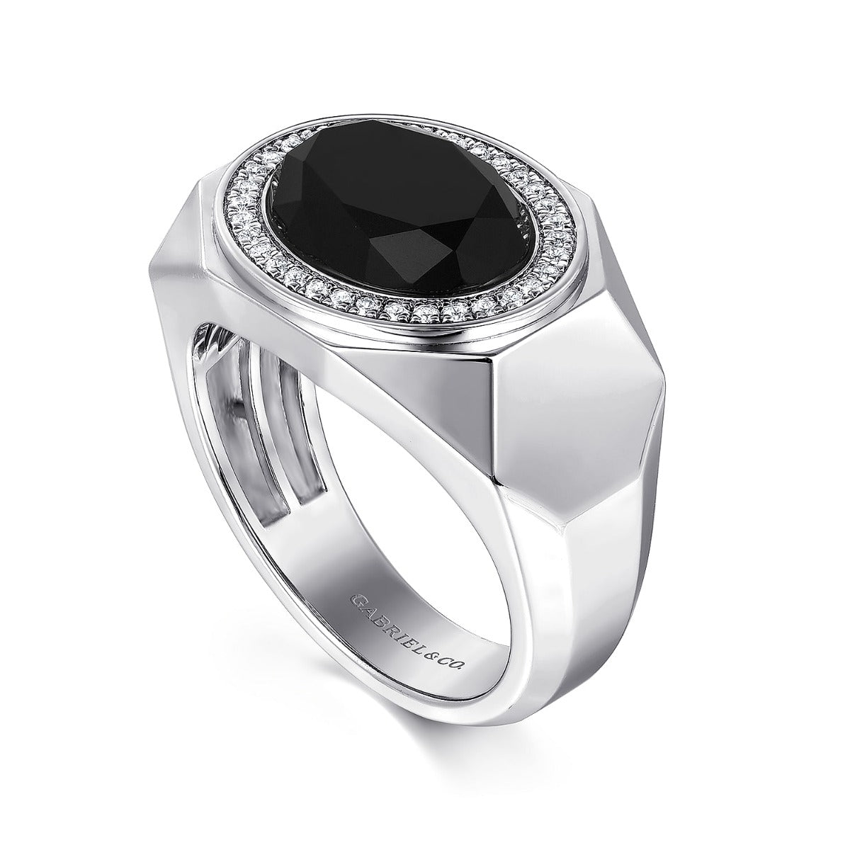 Wide Sterling Silver Ring with Faceted Onyx Stone in Sand Blast Finish