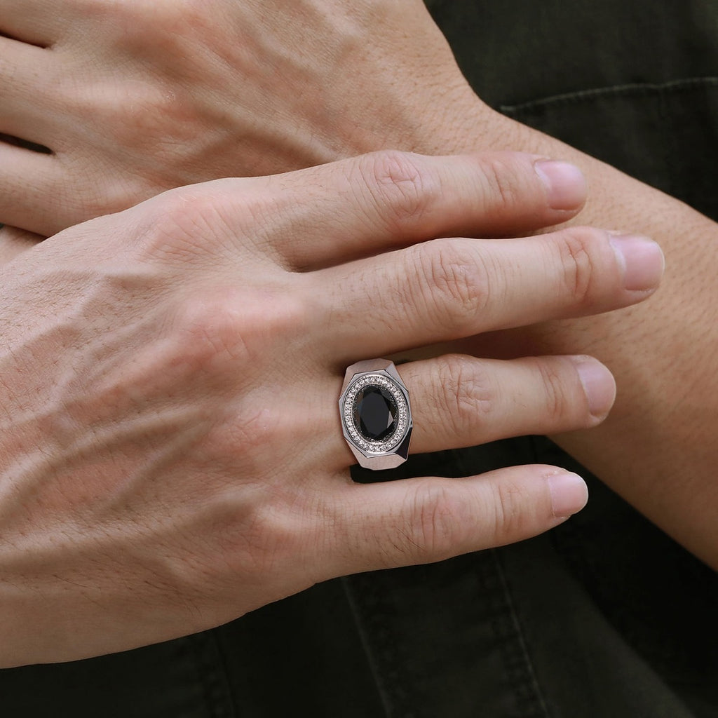 Wide Sterling Silver Ring with Faceted Onyx Stone in Sand Blast Finish