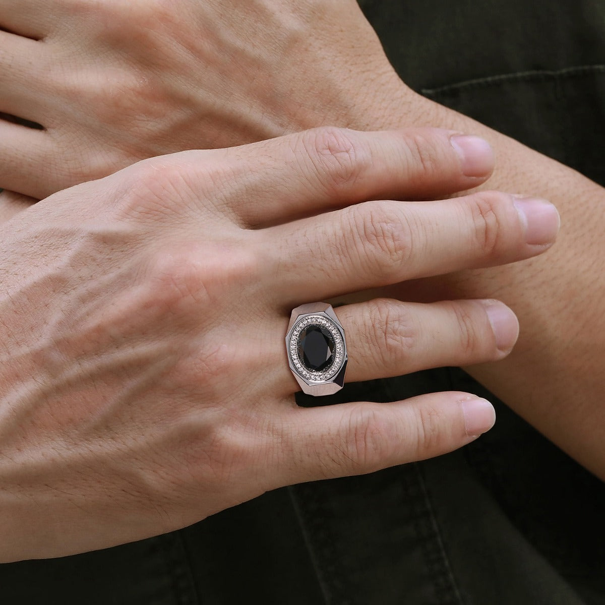 Wide Sterling Silver Ring with Faceted Onyx Stone in Sand Blast Finish
