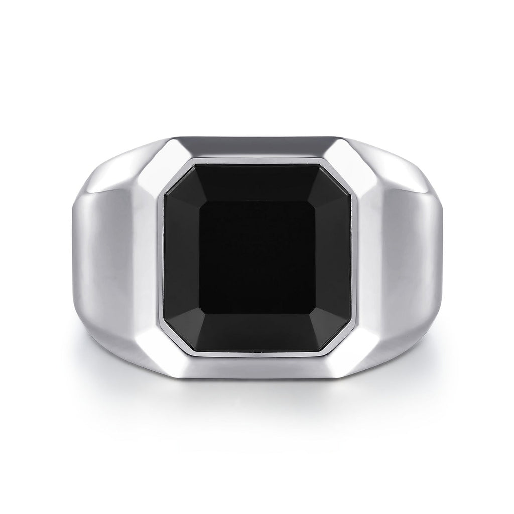 Wide 925 Sterling Silver Signet Ring with Faceted Onyx Stone in Sand Blast Finish