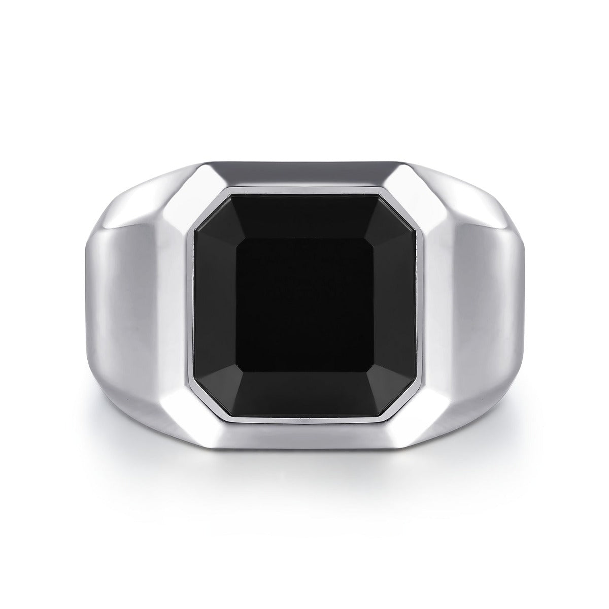 Wide 925 Sterling Silver Signet Ring with Faceted Onyx Stone in Sand Blast Finish