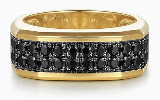 14K Yellow Gold Black Diamond Mens Ring in Sand Blast Finish