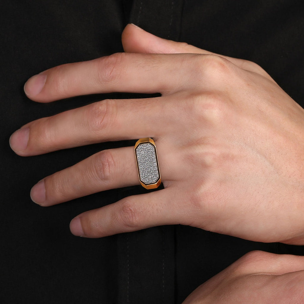 14K Yellow Gold Diamond Pave Men's Ring in Sand Blast Finish