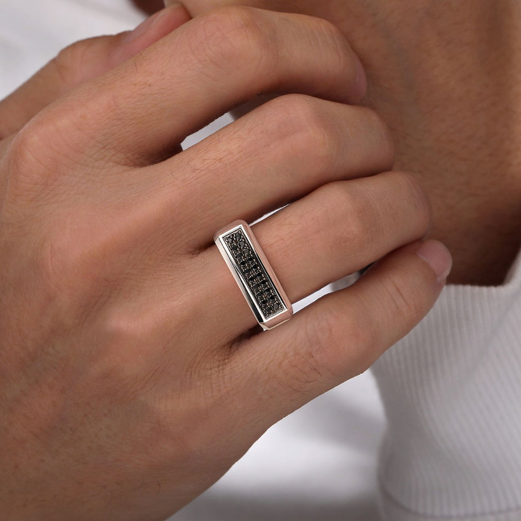 Sterling Silver Black Spinel Mens Ring in Sand Blast Finish