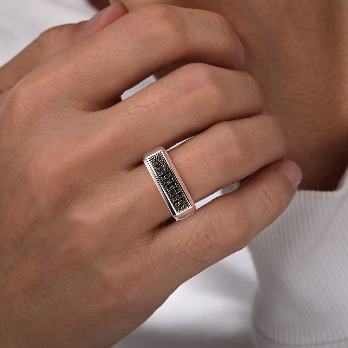 Sterling Silver Black Spinel Mens Ring in Sand Blast Finish
