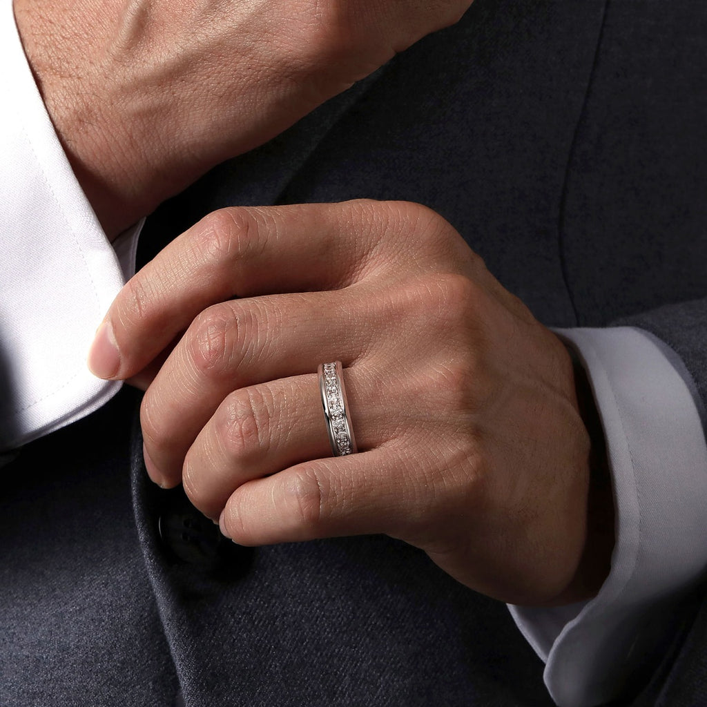 14K White Gold Diamond Men's Wedding Ring in Sand Blast Finish