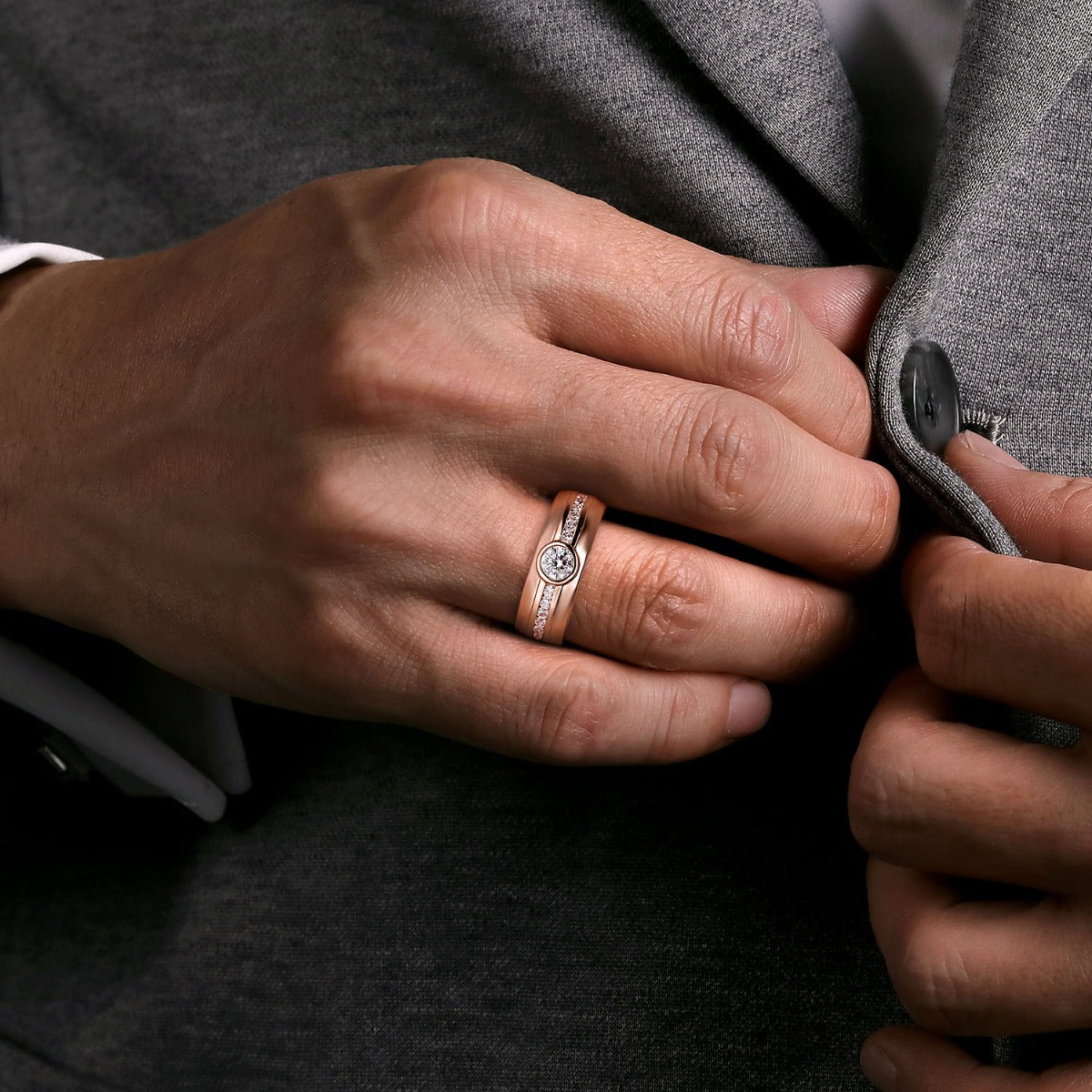 14K Rose Gold Diamond Mens Engagement Ring in High Polished Finish