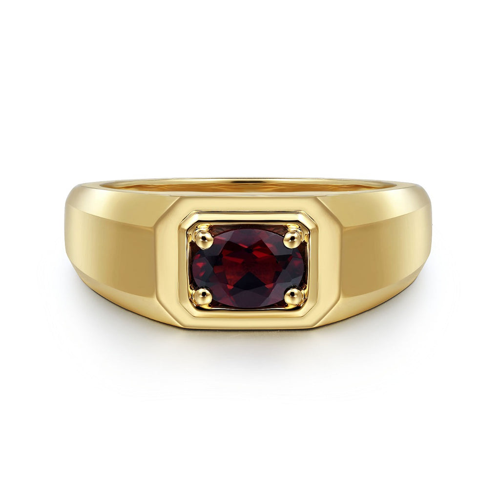 14K Yellow Gold Garnet Mens Ring in Sand Blast Finish