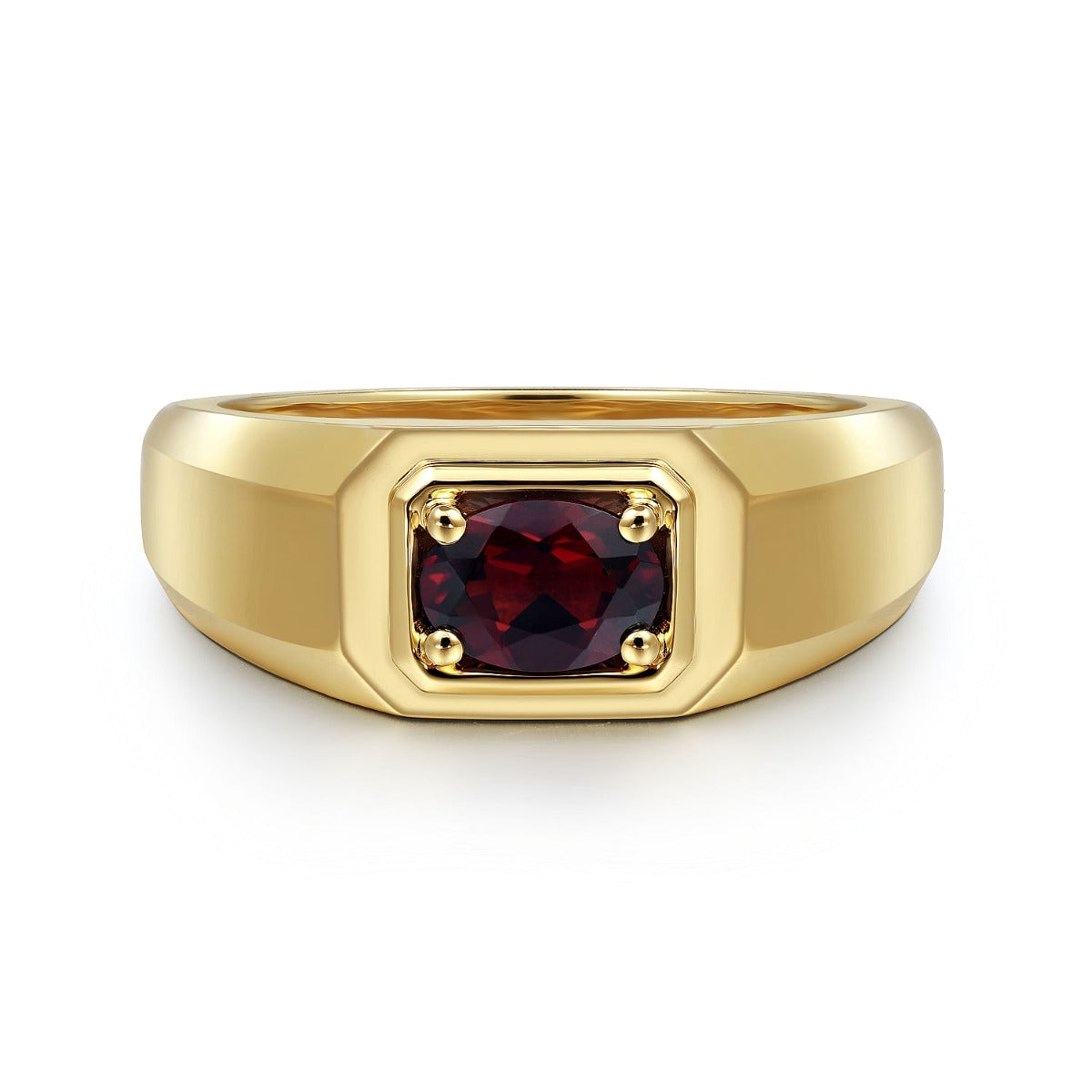 14K Yellow Gold Garnet Mens Ring in Sand Blast Finish
