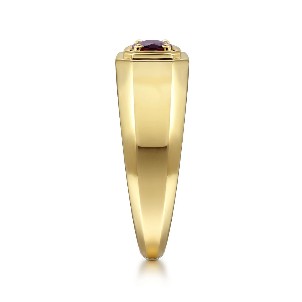 14K Yellow Gold Garnet Mens Ring in Sand Blast Finish