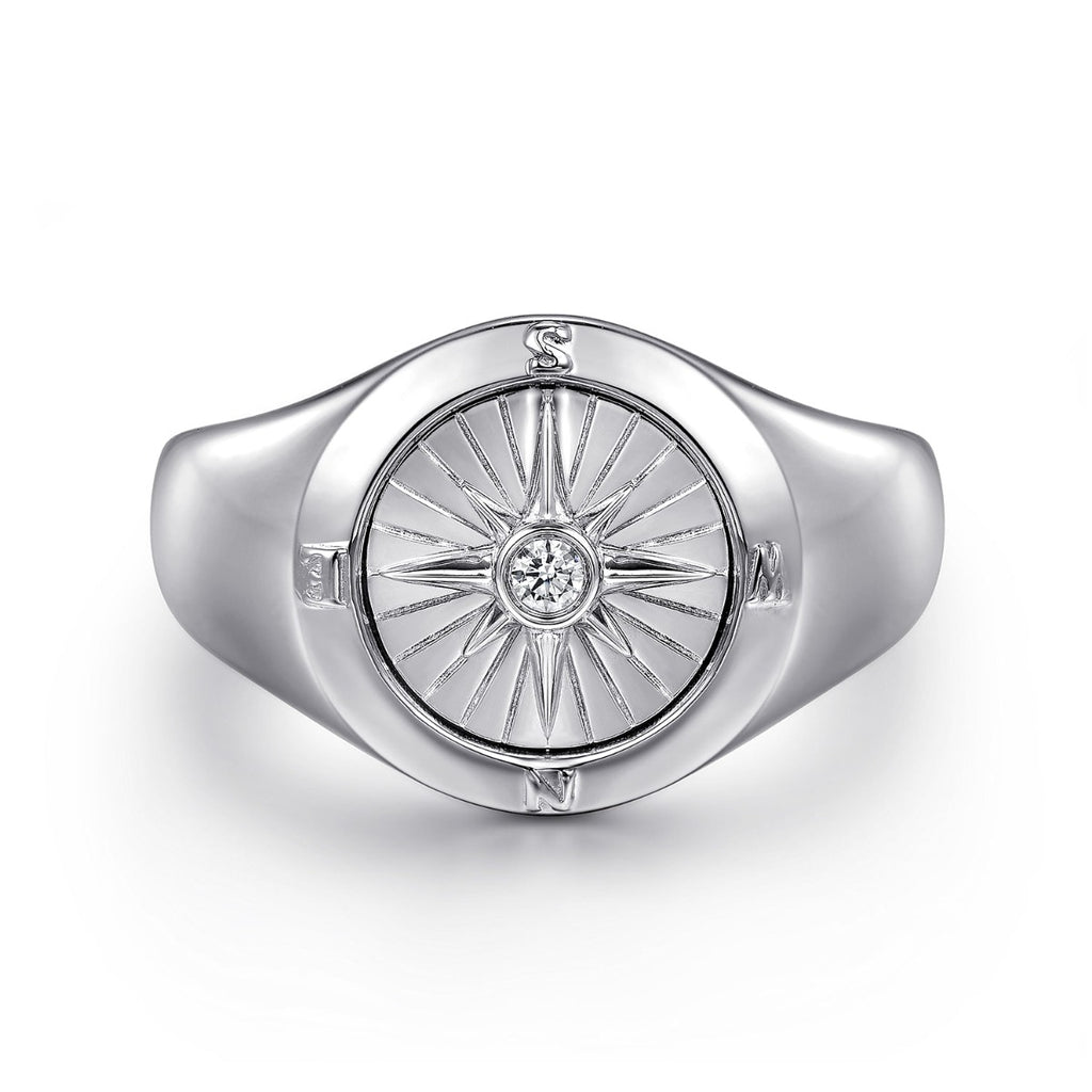 925 Sterling Silver Diamond Signet Mens Ring in High Polished Finish