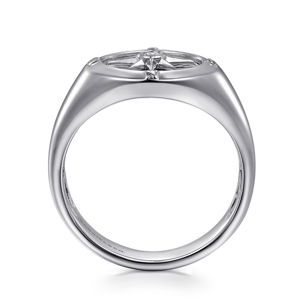 925 Sterling Silver Diamond Signet Mens Ring in High Polished Finish