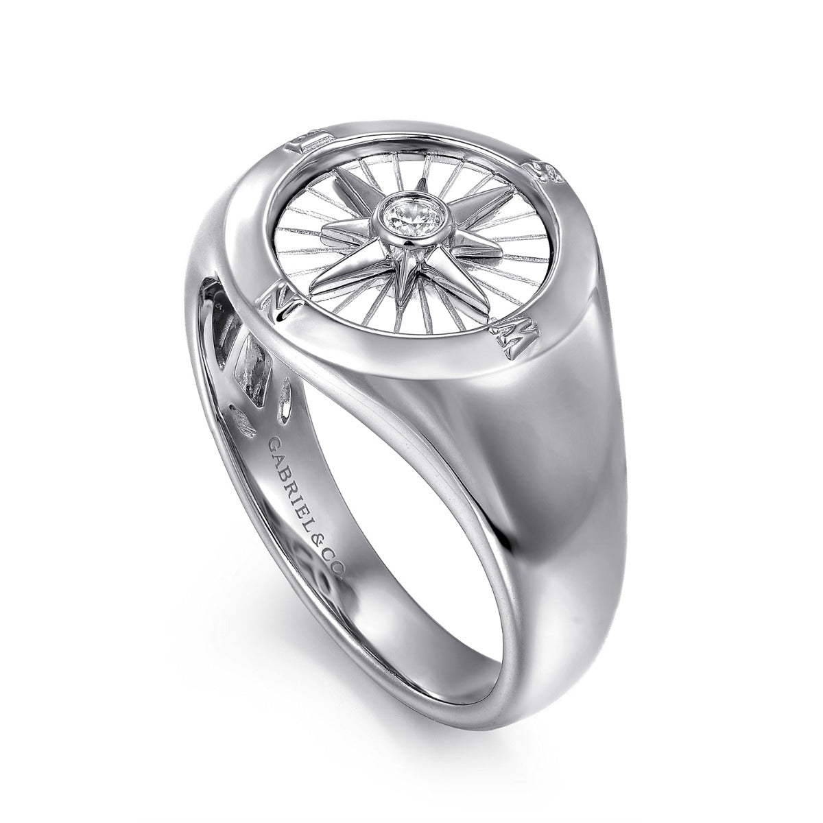 925 Sterling Silver Diamond Signet Mens Ring in High Polished Finish