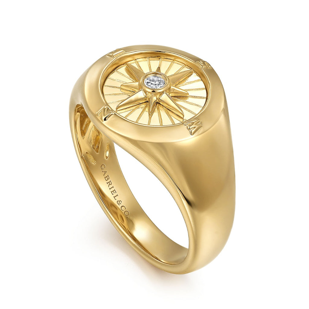 14K Yellow Gold Diamond Signet Mens Ring in High Polished Finish