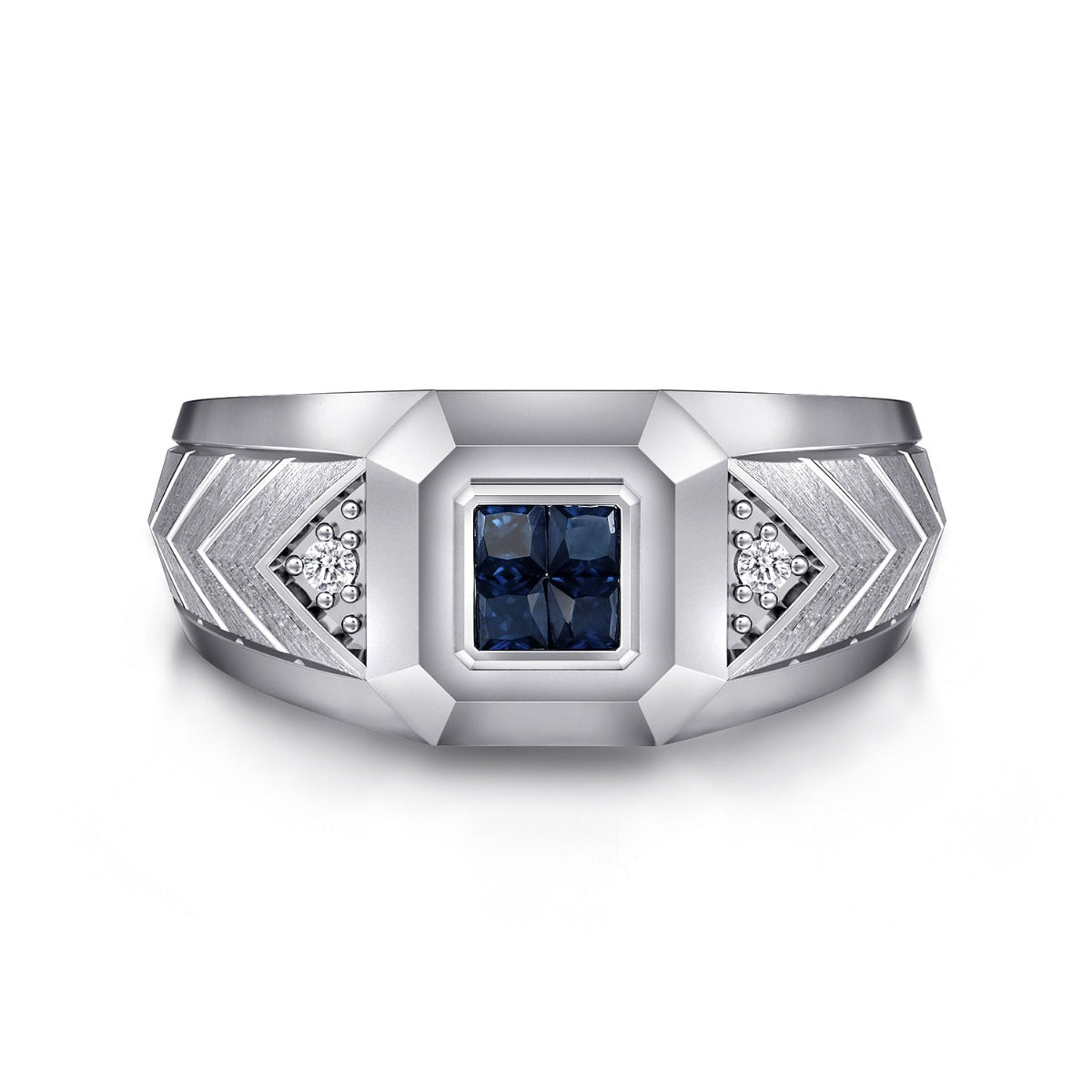 Wide 925 Sterling Silver Chevron Mens Ring with Sapphire in High Polished Finish