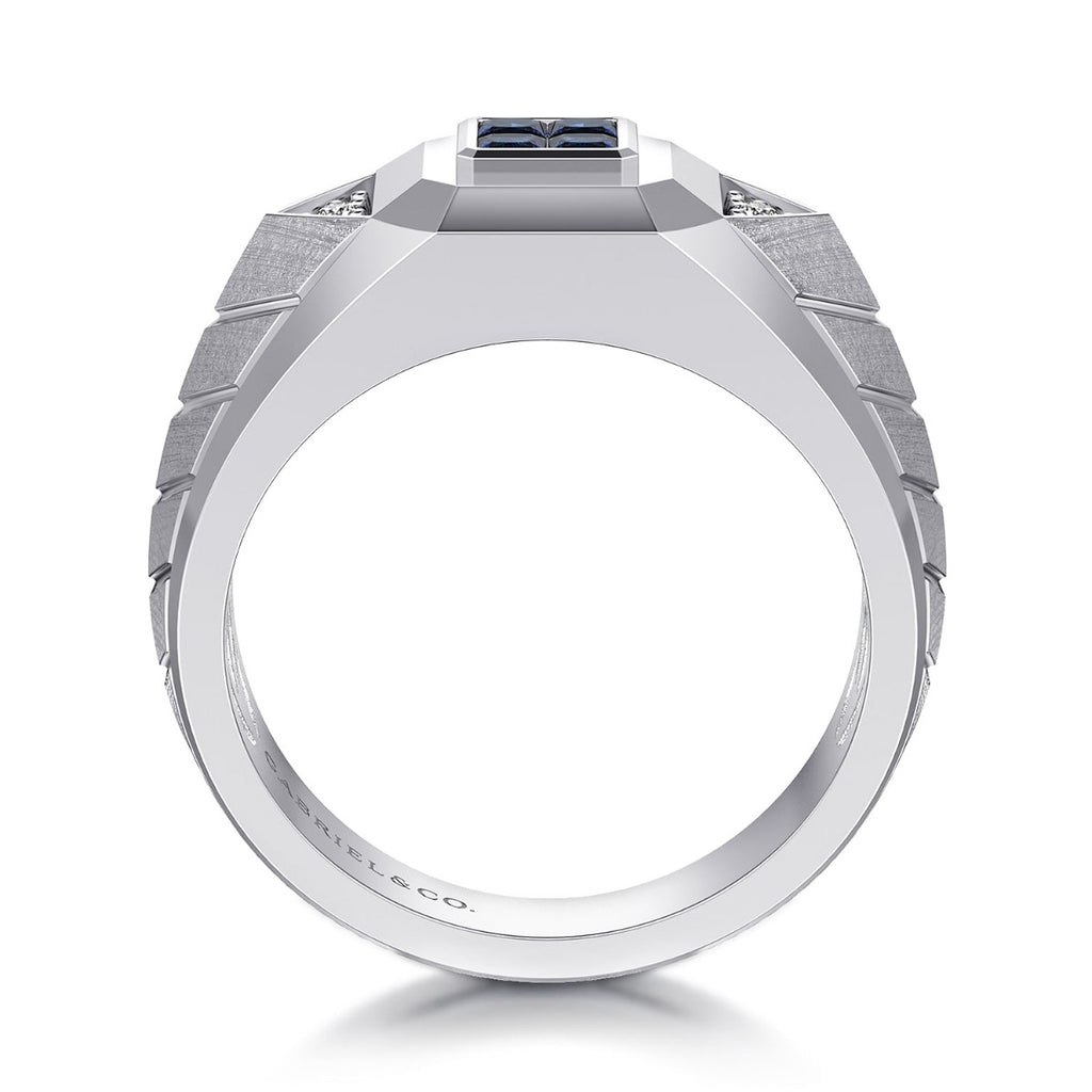 Wide 925 Sterling Silver Chevron Mens Ring with Sapphire in High Polished Finish