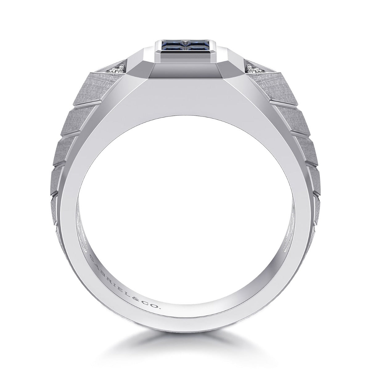 Wide 925 Sterling Silver Chevron Mens Ring with Sapphire in High Polished Finish