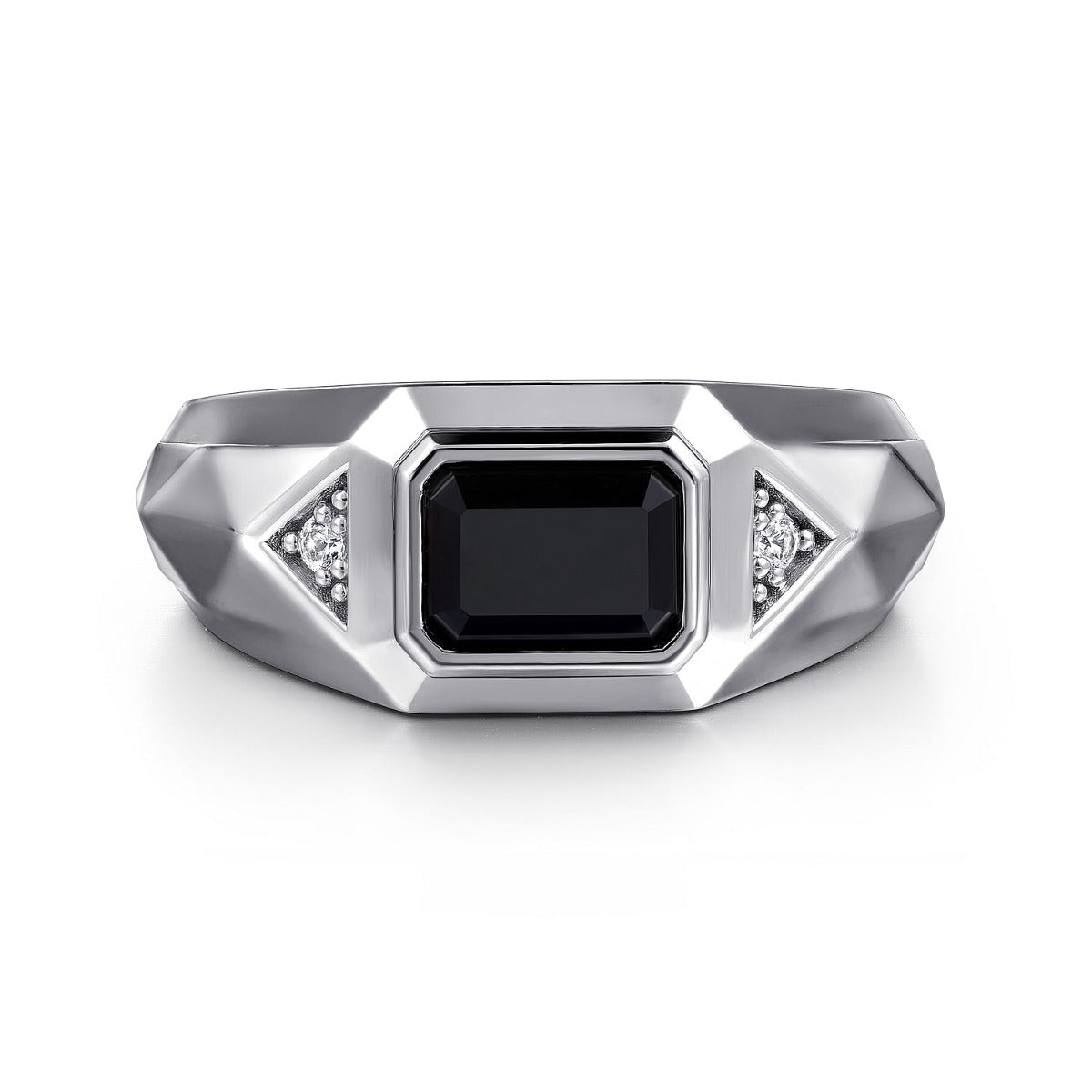 Wide 925 Sterling Silver Faceted Mens Ring with Onyx in High