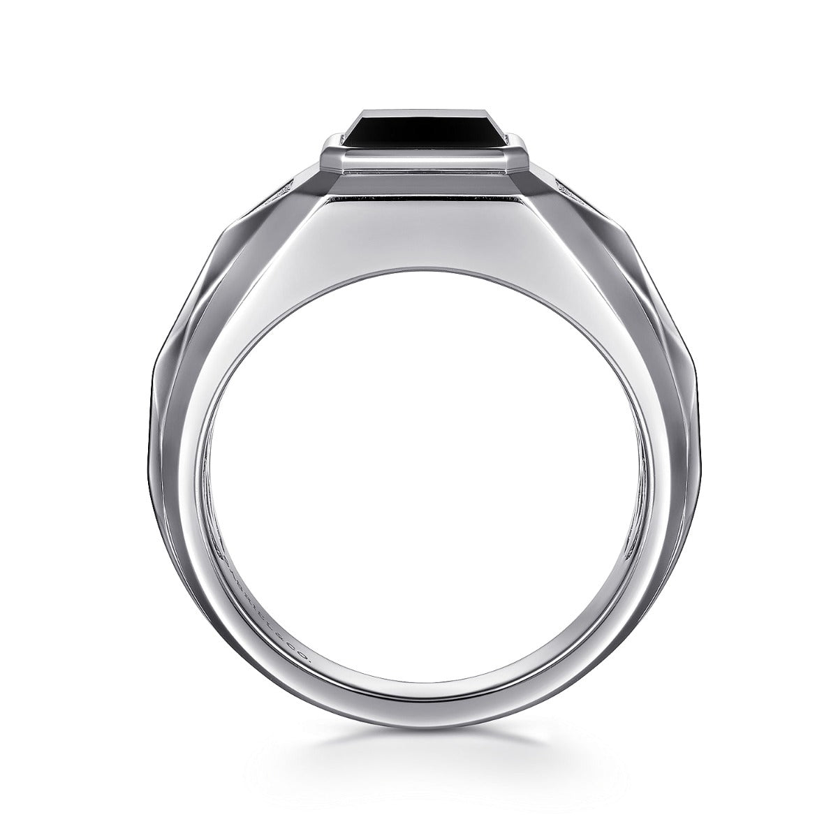 Wide 925 Sterling Silver Faceted Mens Ring with Onyx in High