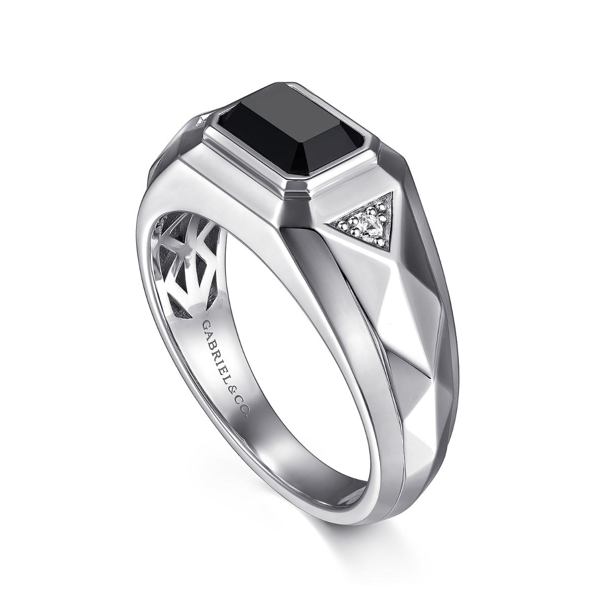 Wide 925 Sterling Silver Faceted Mens Ring with Onyx in High