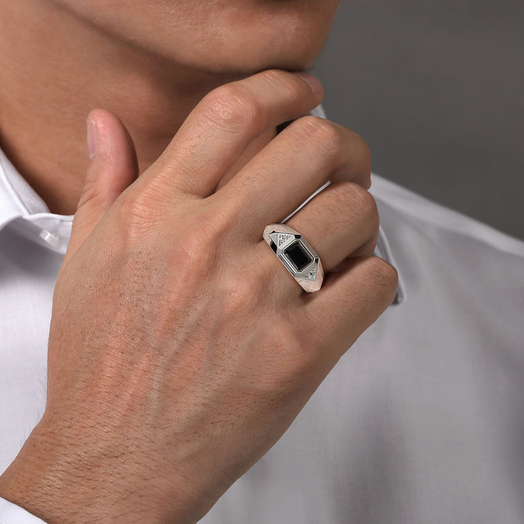 Wide 925 Sterling Silver Faceted Mens Ring with Onyx in High Polished Finish