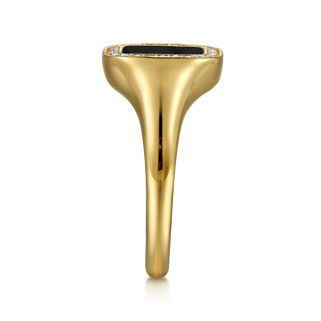 14K Yellow Gold Diamond and Onyx Mens Ring in High Polished Finish