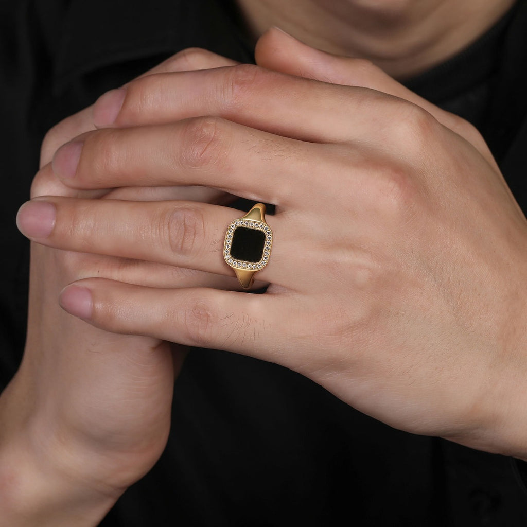 14K Yellow Gold Diamond and Onyx Mens Ring in High Polished Finish