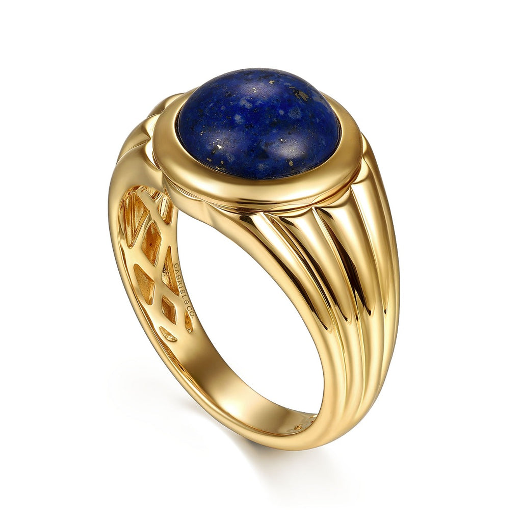 Wide 14K Yellow Gold Lapis Mens Ring in High Polished Finish