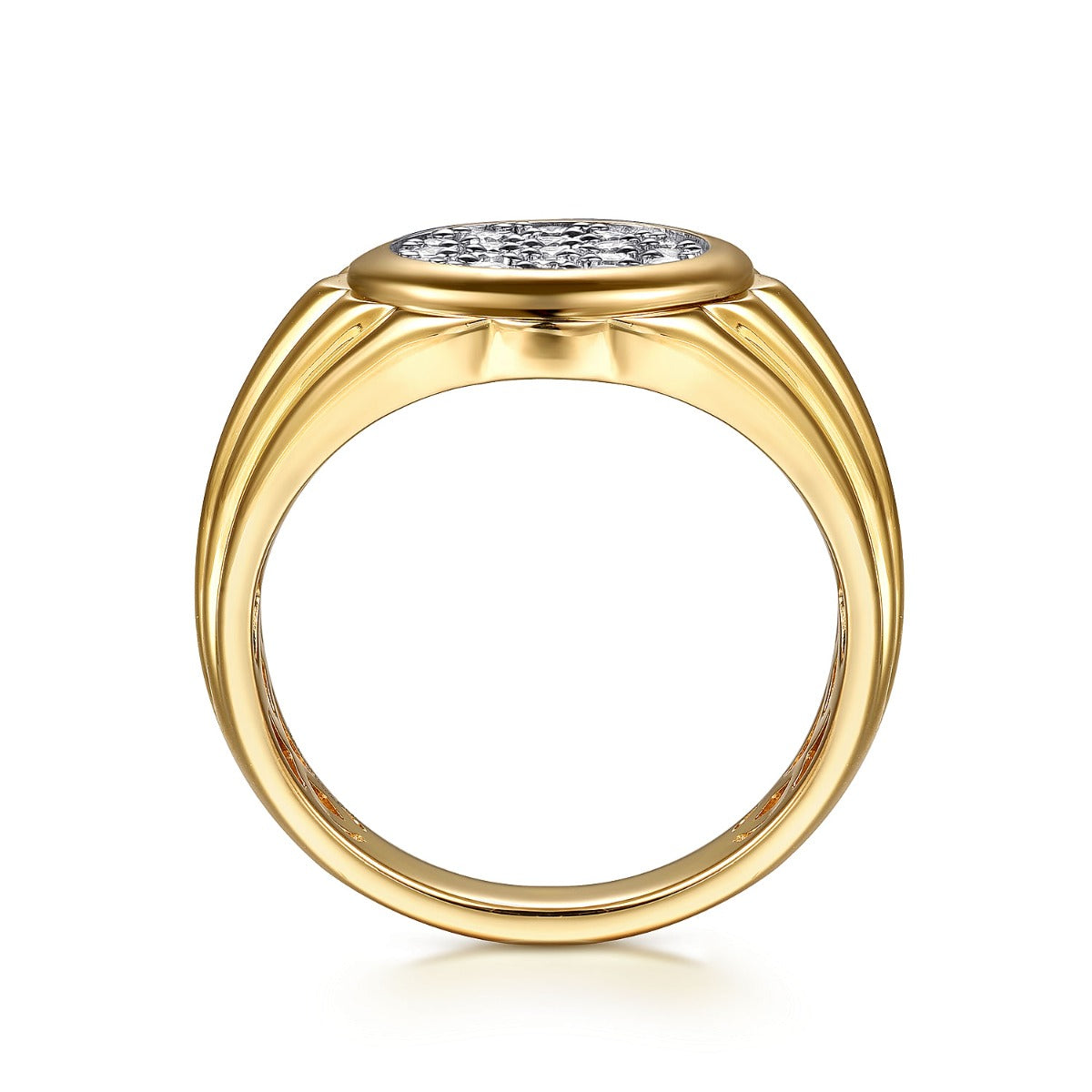 Wide 14K Yellow Gold Cluster Diamond Mens Ring in High Polished Finish