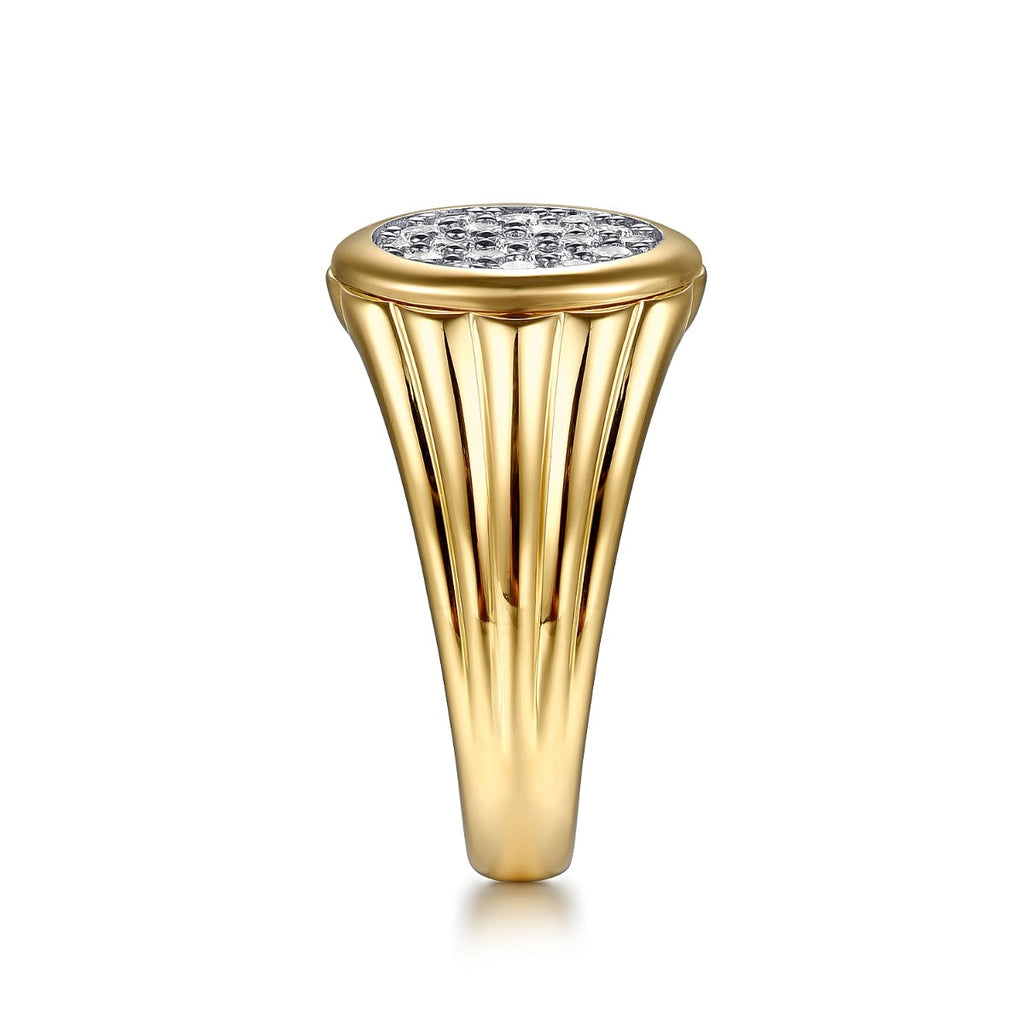 Wide 14K Yellow Gold Cluster Diamond Mens Ring in High Polished Finish