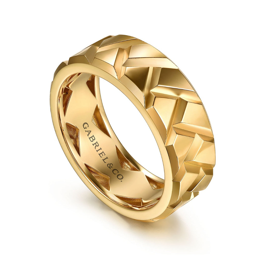 14K Yellow Gold 8mm Herringbone Mens Ring in Sand Blast