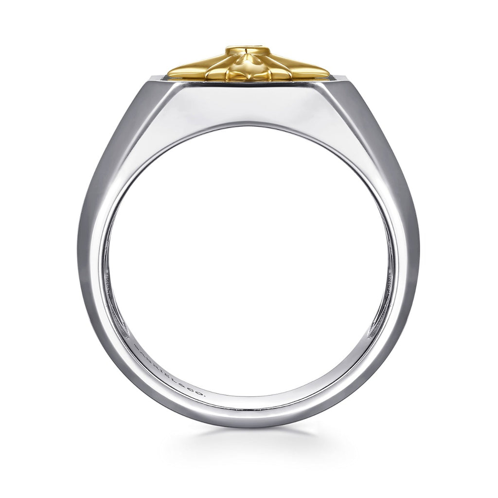 925 Sterling Silver and 14K Yellow Gold Startburst Mens Signet Ring