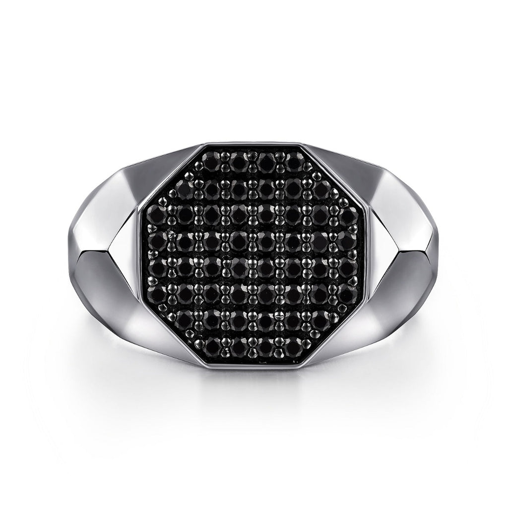 Wide 925 Sterling Silver Faceted Signet Ring with Black Spinel Pave in High Polished Finish