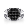 Wide 925 Sterling Silver Faceted Signet Ring with Black Spinel Pave in High Polished Finish