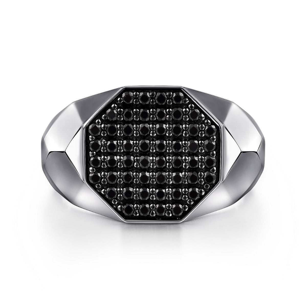 Wide 925 Sterling Silver Faceted Signet Ring with Black Spinel Pave in High Polished Finish