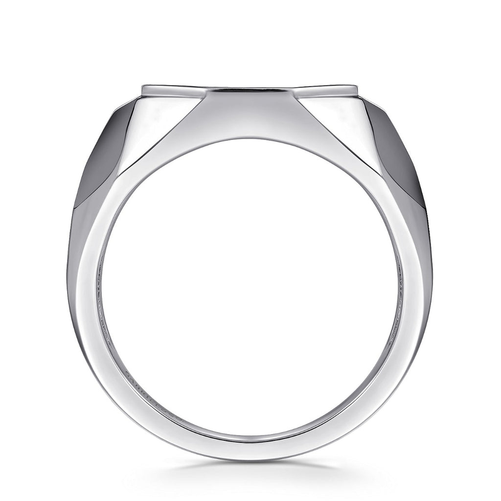 Wide 925 Sterling Silver Faceted Signet Ring with Black Spinel Pave in High Polished Finish