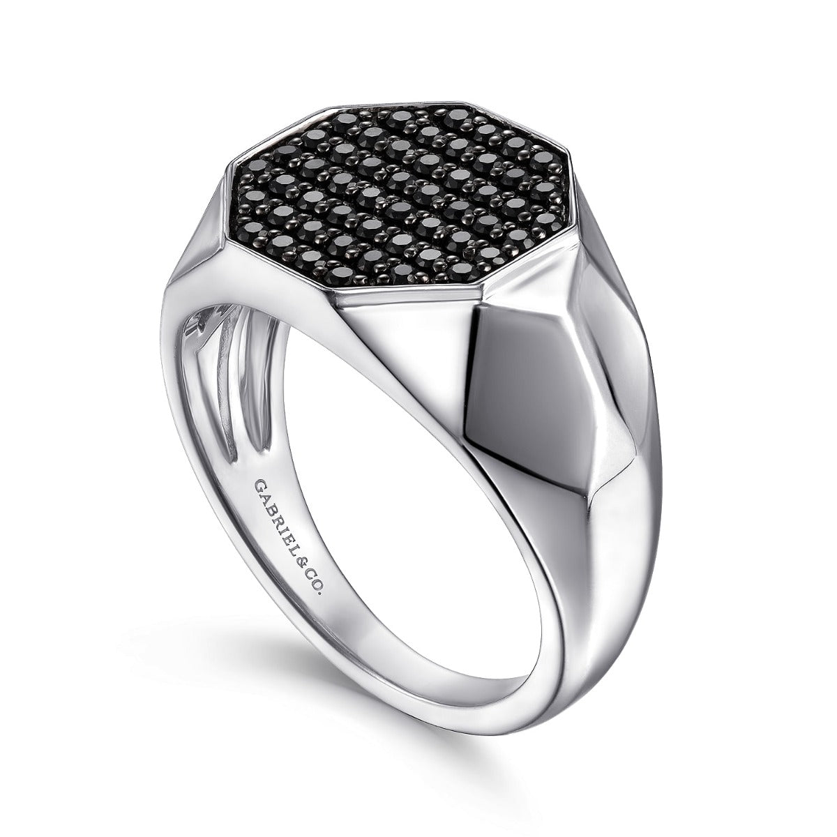 Wide 925 Sterling Silver Faceted Signet Ring with Black Spinel