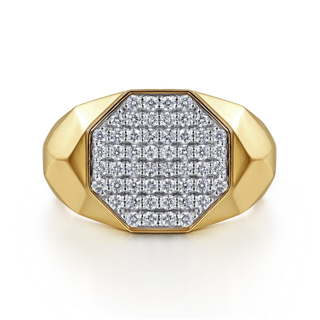 Wide 14K Yellow Gold Faceted Signet Ring with Pave Diamonds in High Polished Finish