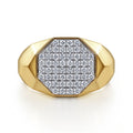 Wide 14K Yellow Gold Faceted Signet Ring with Pave Diamonds in High Polished Finish