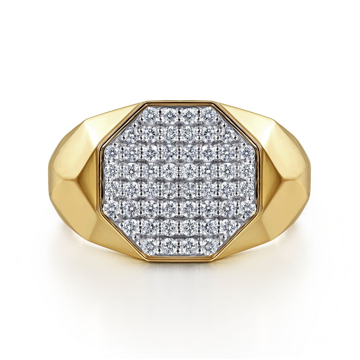 Wide 14K Yellow Gold Faceted Signet Ring with Pave Diamonds in High Polished Finish