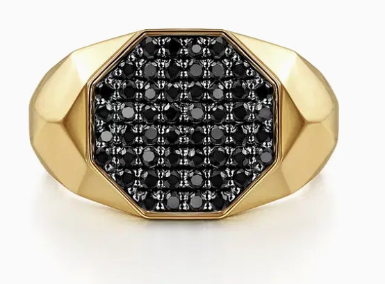 Wide 14K Yellow Gold Faceted Signet Ring with Black Diamond Pave in High Polished Finish